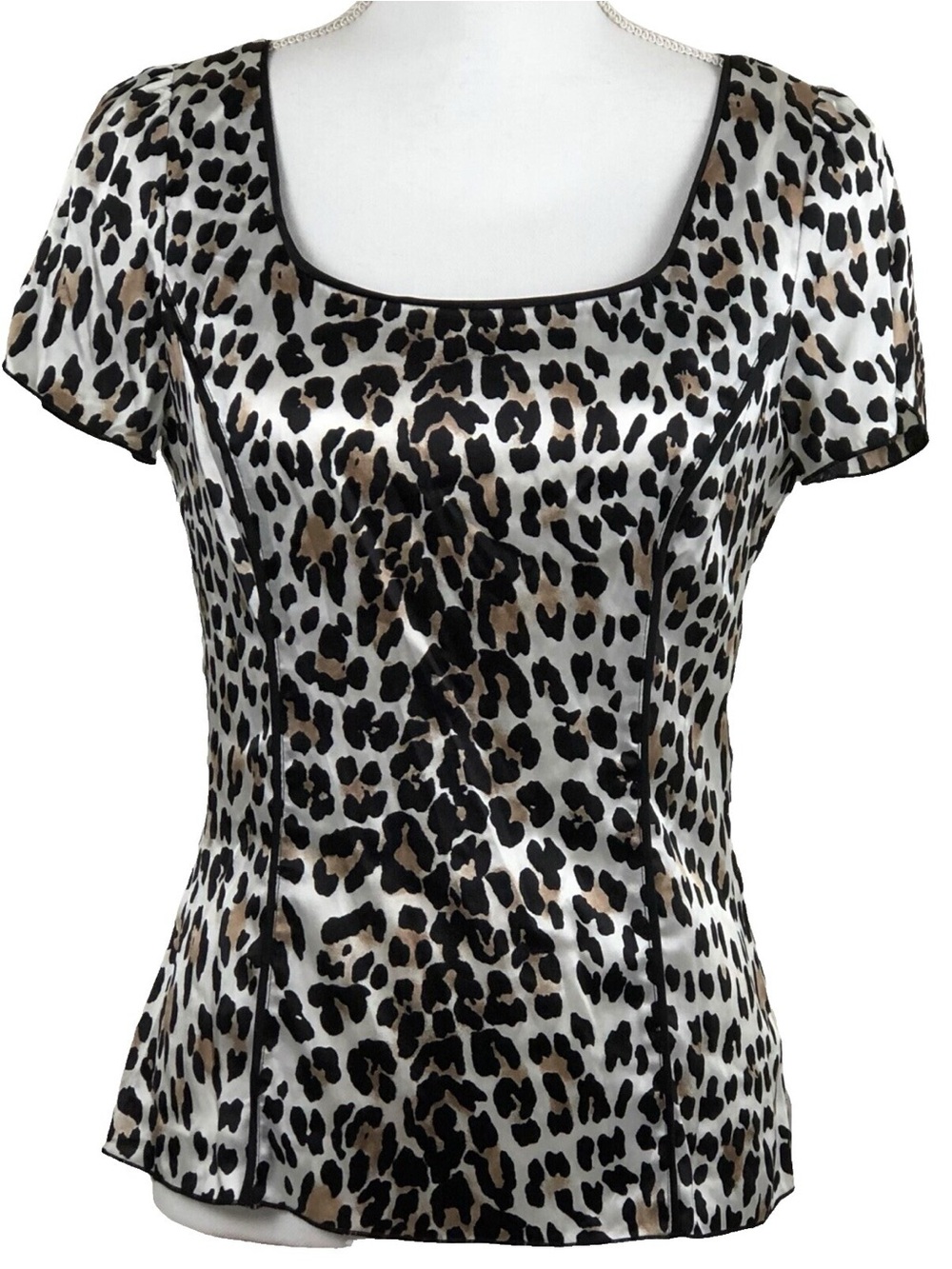 Silk White House Black Market Leopard-Print Scoop Neck Top - White/Black/Brown